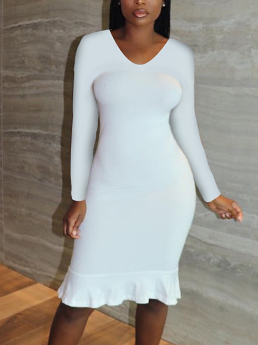 

LW V Neck Flounce Design Bodycon Dress, White