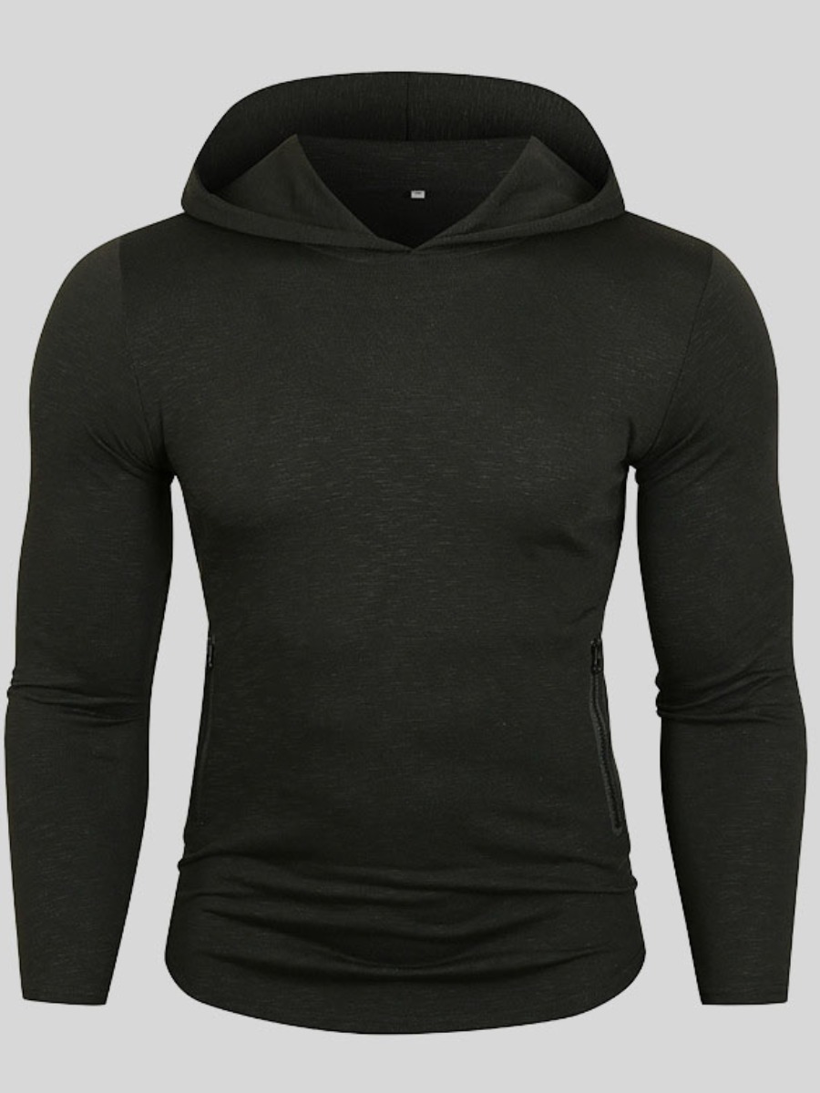 

LW COTTON Men Hooded Collar Zipper Pocket T-shirt, Black