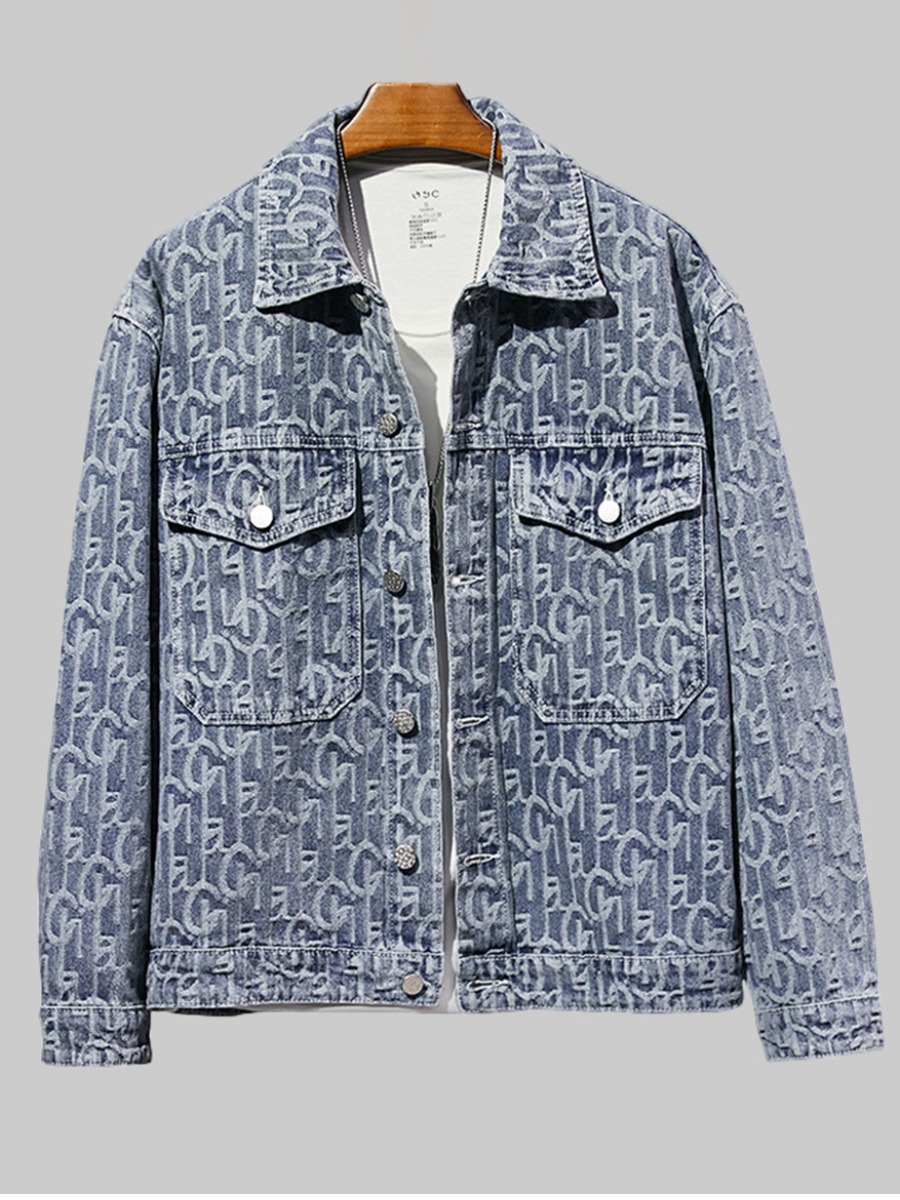 

LW Men Turndown Collar Letter Decoration Denim Jacket, Blue