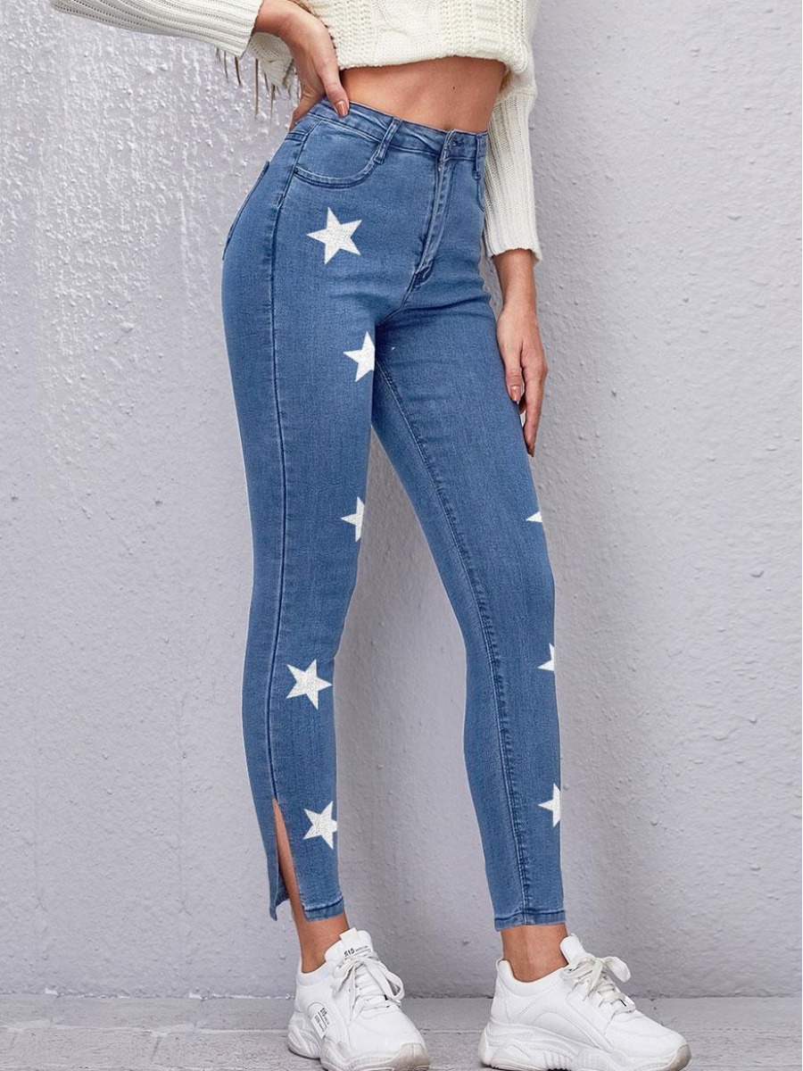 

LW Medium Stretchy Star Print Slit Jeans, Blue