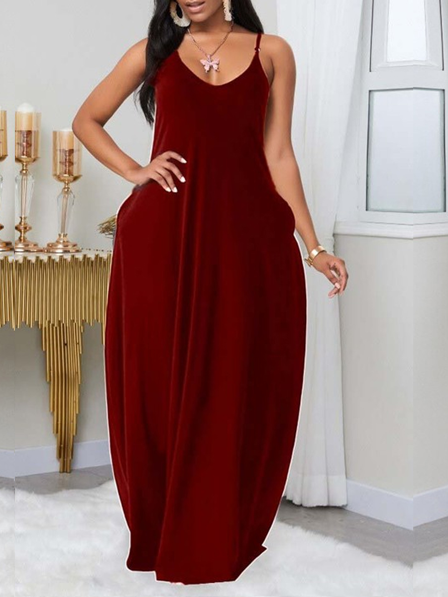 

LW BASICS Plus Size Leisure Pocket Patched Red Maxi Dress