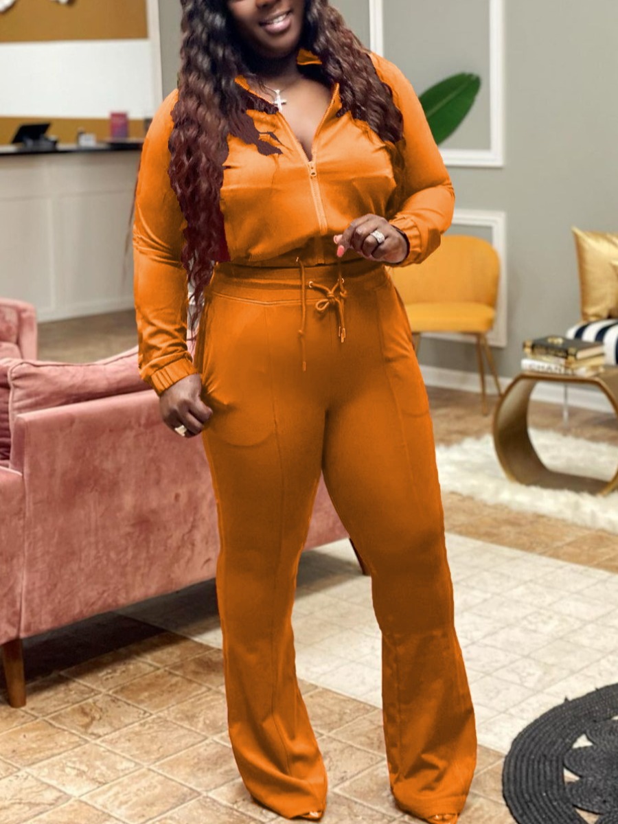 

LW Plus Size Drawstring Flared Tracksuit Set, Orange