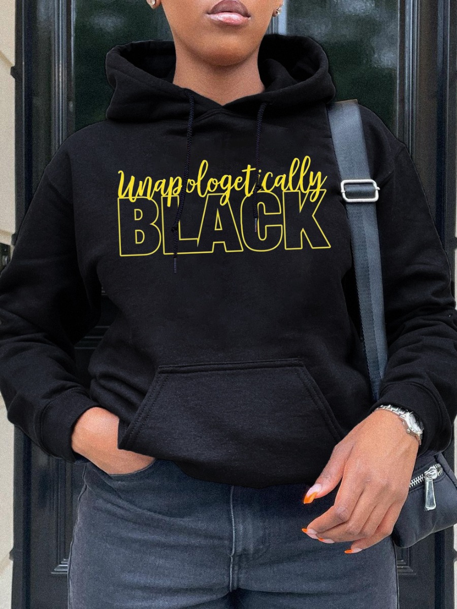 

LW Letter Print Kangaroo Pocket Hoodie, Black