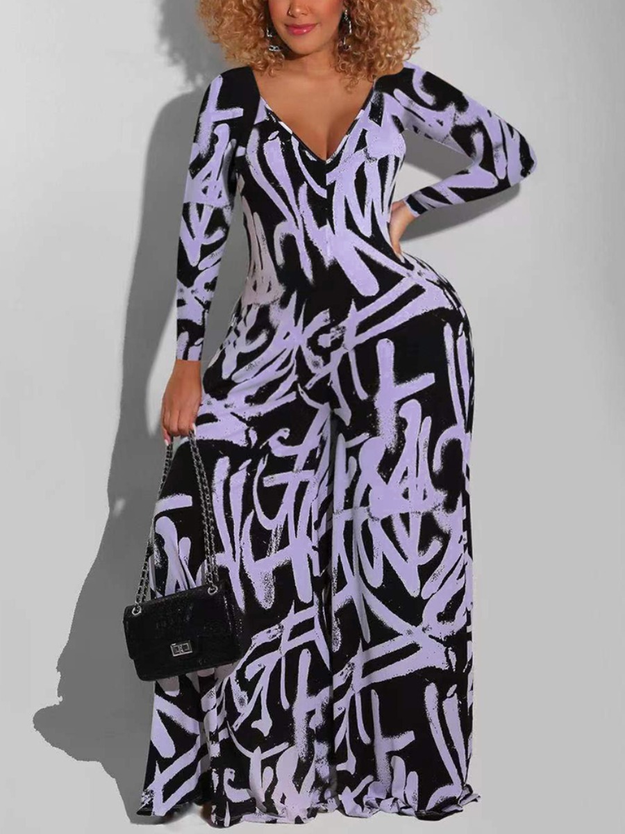 

LW Plus Size Graffiti Print Wide Leg Jumpsuit, Black