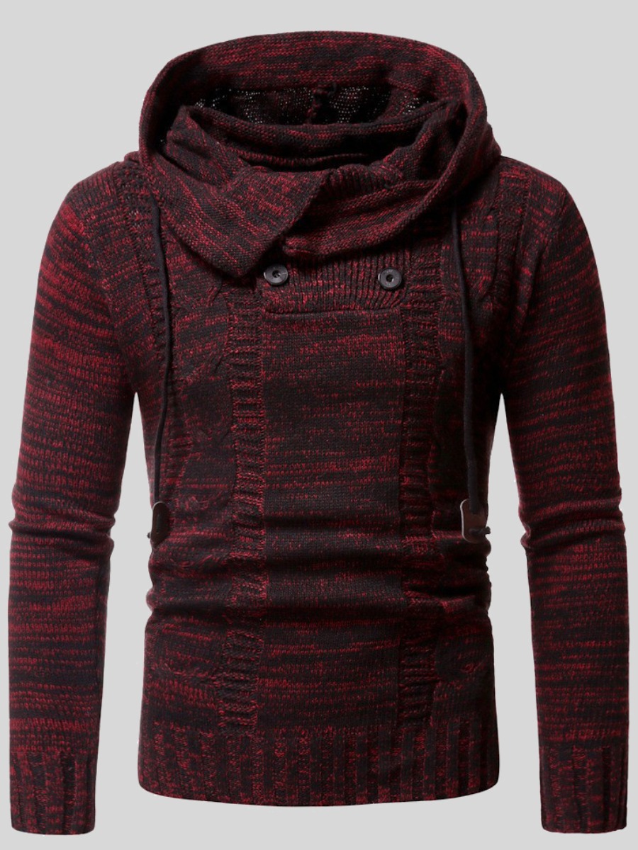 

LW Men Hooded Collar Button Design Sweater, Wine red