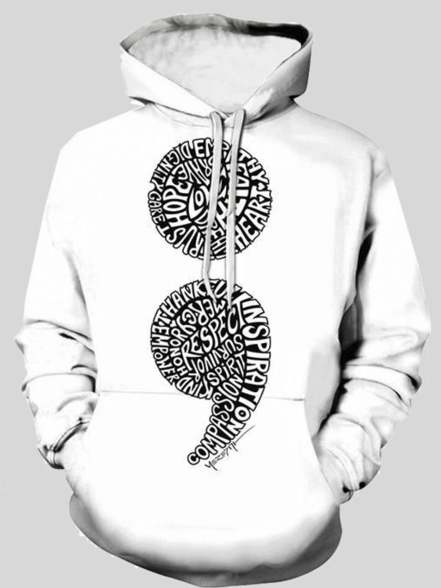 

LW Men Letter Print Kangaroo Pocket Hoodie, White