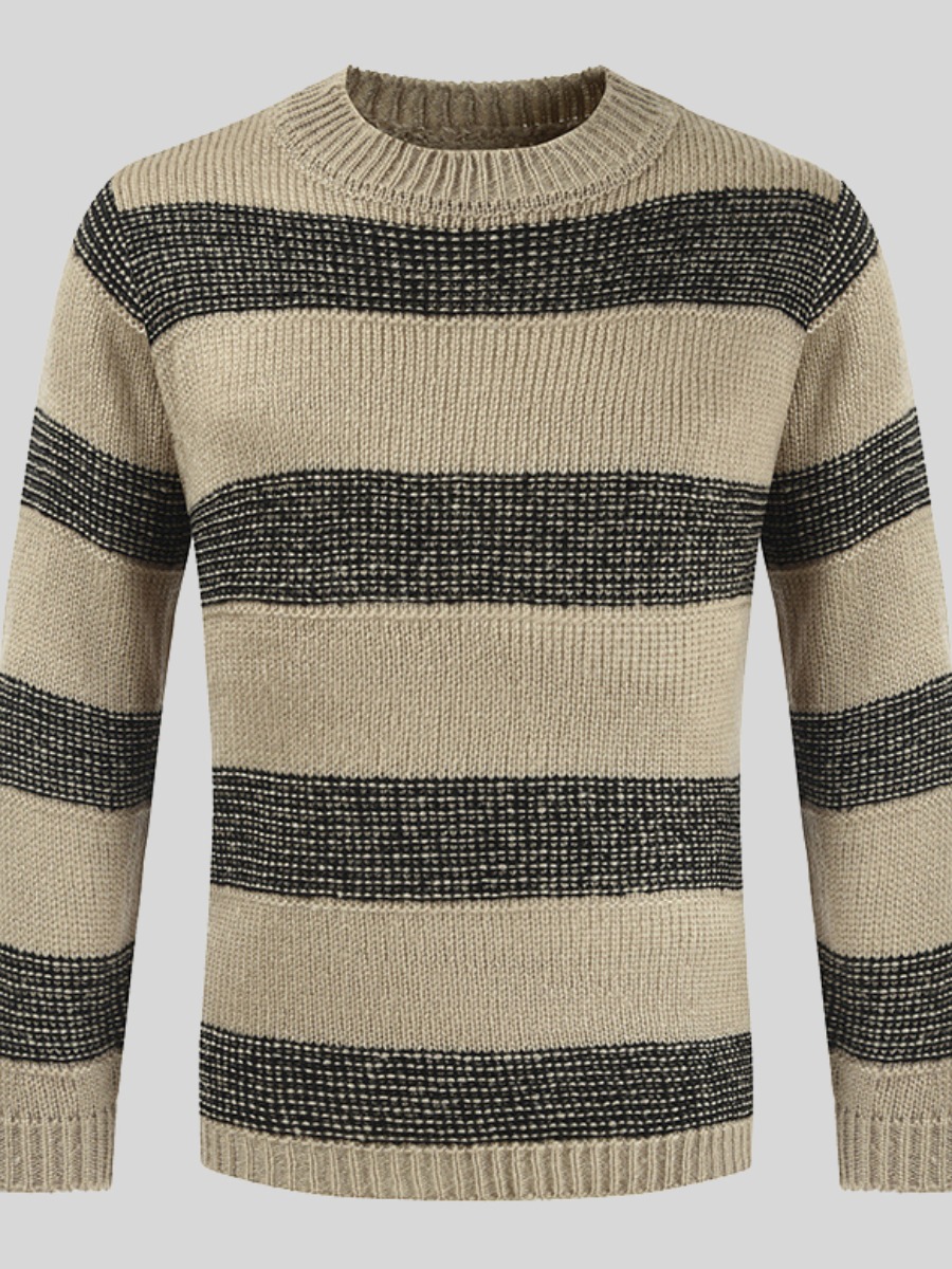 

LW Men Round Neck Striped Patchwork Sweater, Khaki
