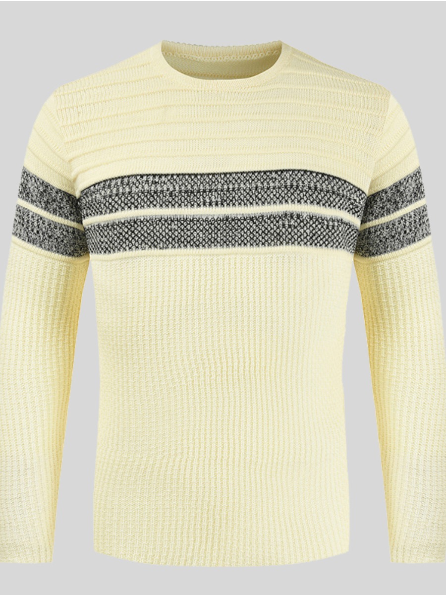 

LW Men Round Neck Striped Patchwork Sweater, Beige