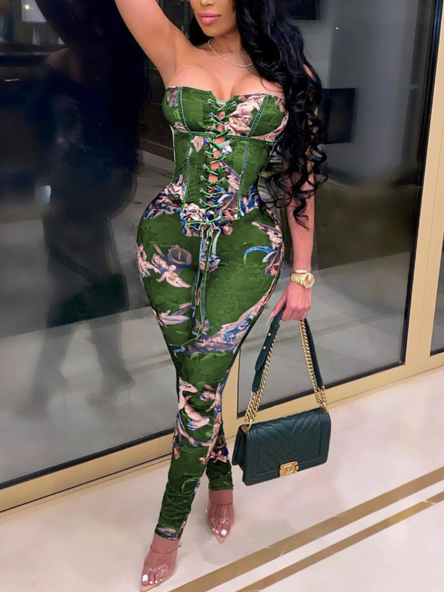 LovelyWholesale SXY Off The Shouder Bandage Design Print Green Two Piece Pants Set Spring Sleeveless Sxy Bandage Design Strapless Spring Summer 2024