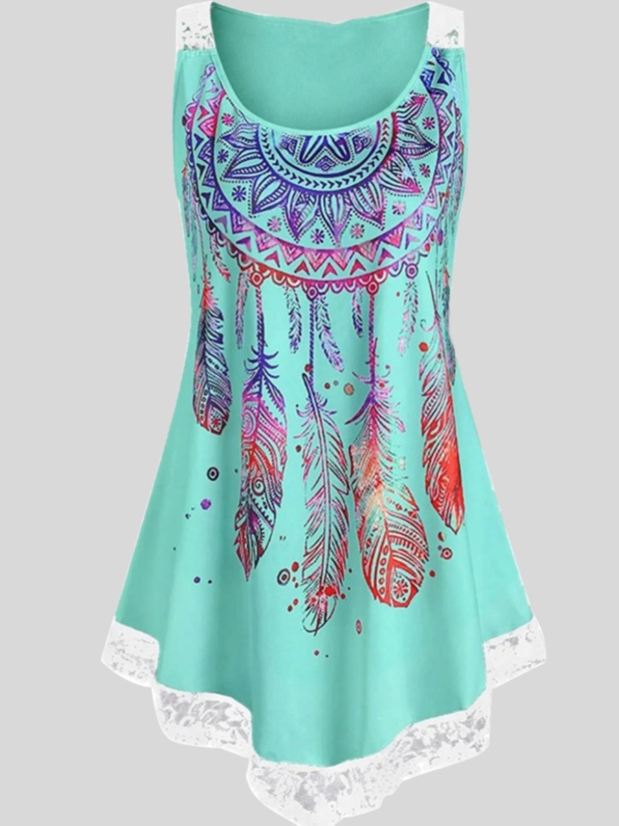 

LW BASICS Plus Size Feather Print Lace Camisole, Green