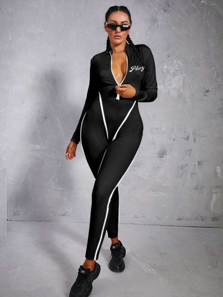 LW Letter Print Zipper Design Striped Jumpsuit