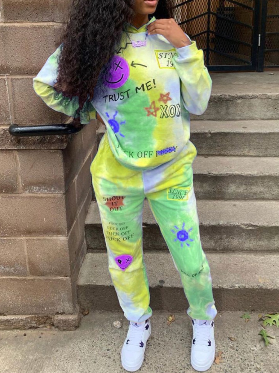 

LW Letter Smiling Face Print Tie-dye Tracksuit Set, Green