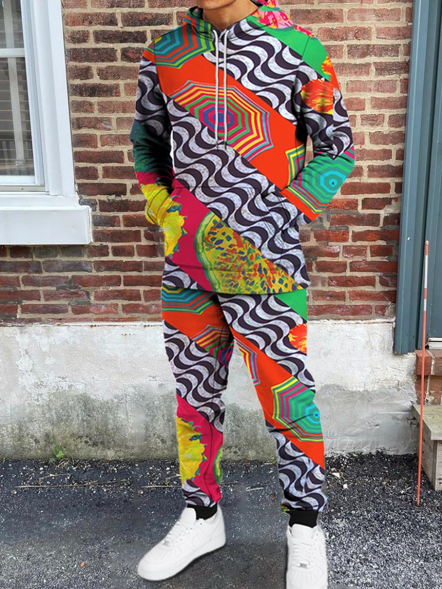 

LW Men Mixed Print Kangaroo Pocket Tracksuit Set, Multi