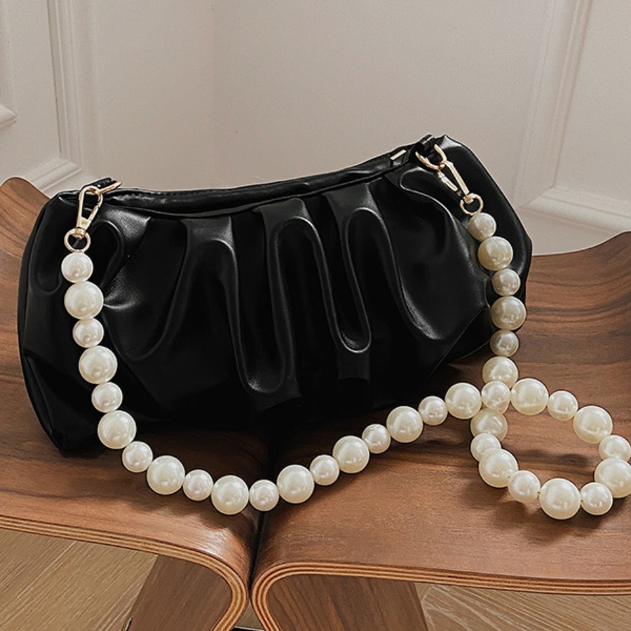 

LW Fold Design Pearl Decor Shoulder Bag, Black