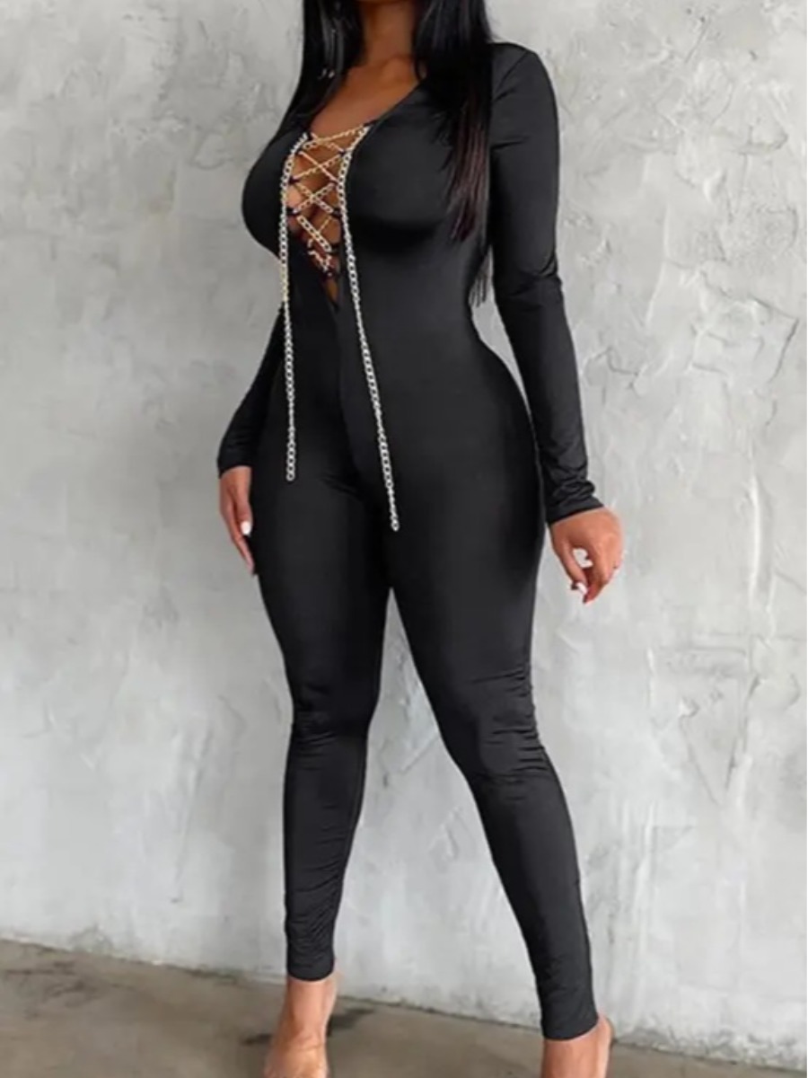 

LW SXY Chain Hollow-out Design Jumpsuit, Black