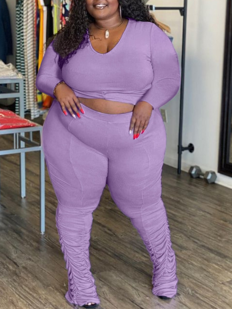

LW Plus Size Rib-knit Ruched Skinny Pants Set, Purple