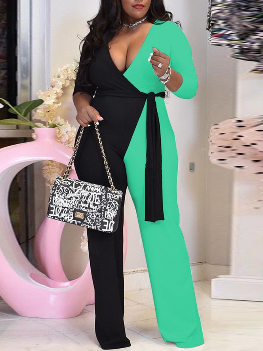 

LW Plus Size Bandage Design Patchwork Jumpsuit, Azure green