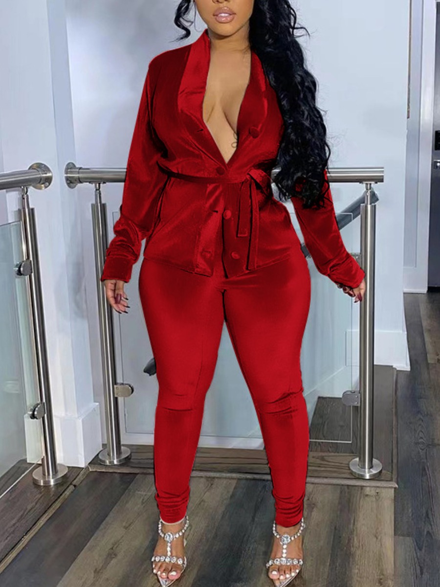 

LW SXY Velvet Bandage Button Design Pants Set, Red
