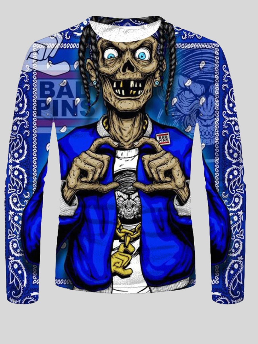 

LW Men Round Neck Skull Letter Print T-shirt, Blue