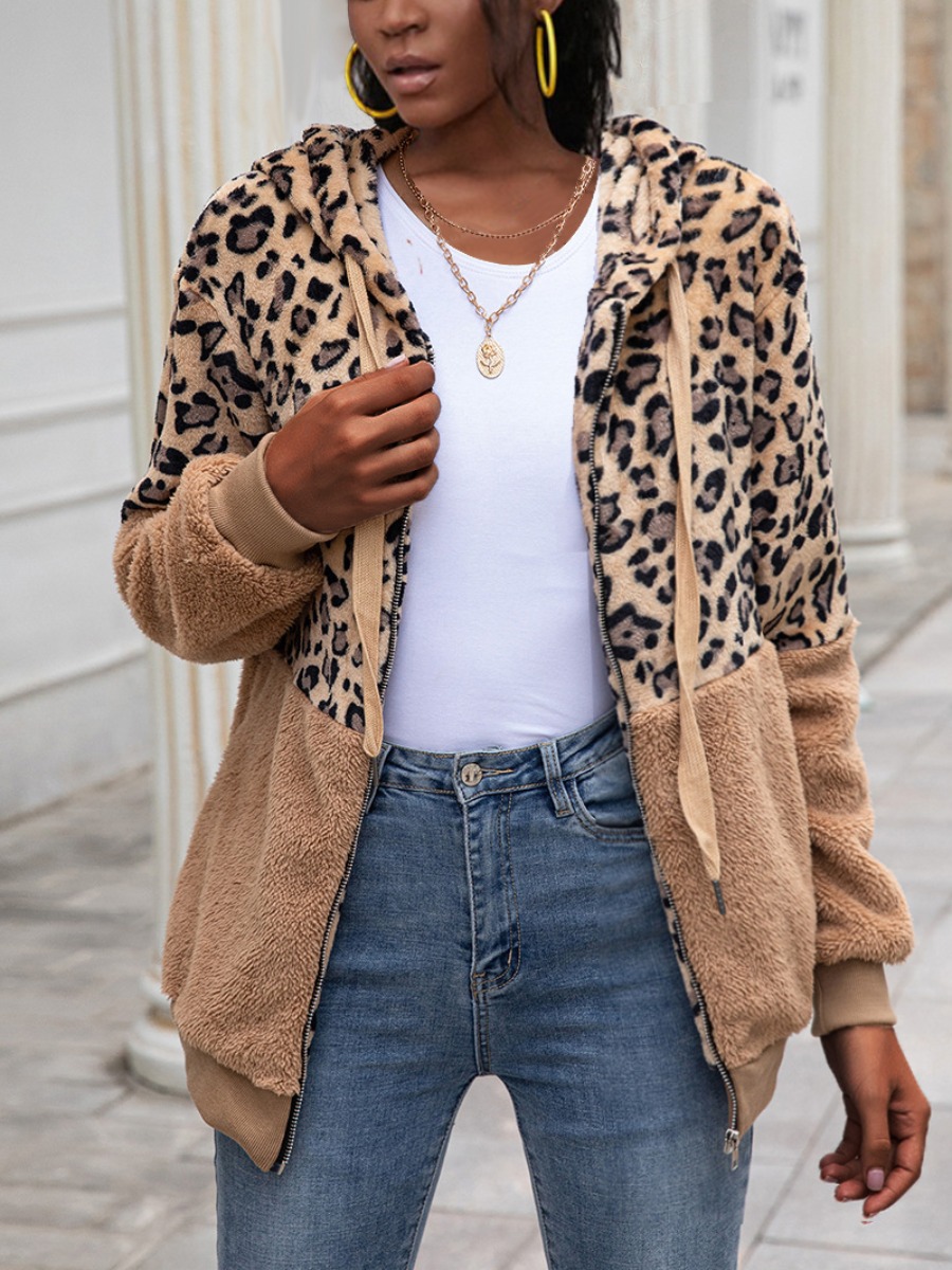 

LW Leopard Print Patchwork Teddy Hoodie, Khaki