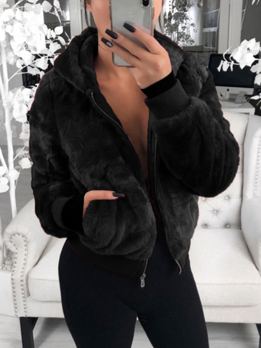 

LW Zipper Pocket Design Teddy Coat, Black