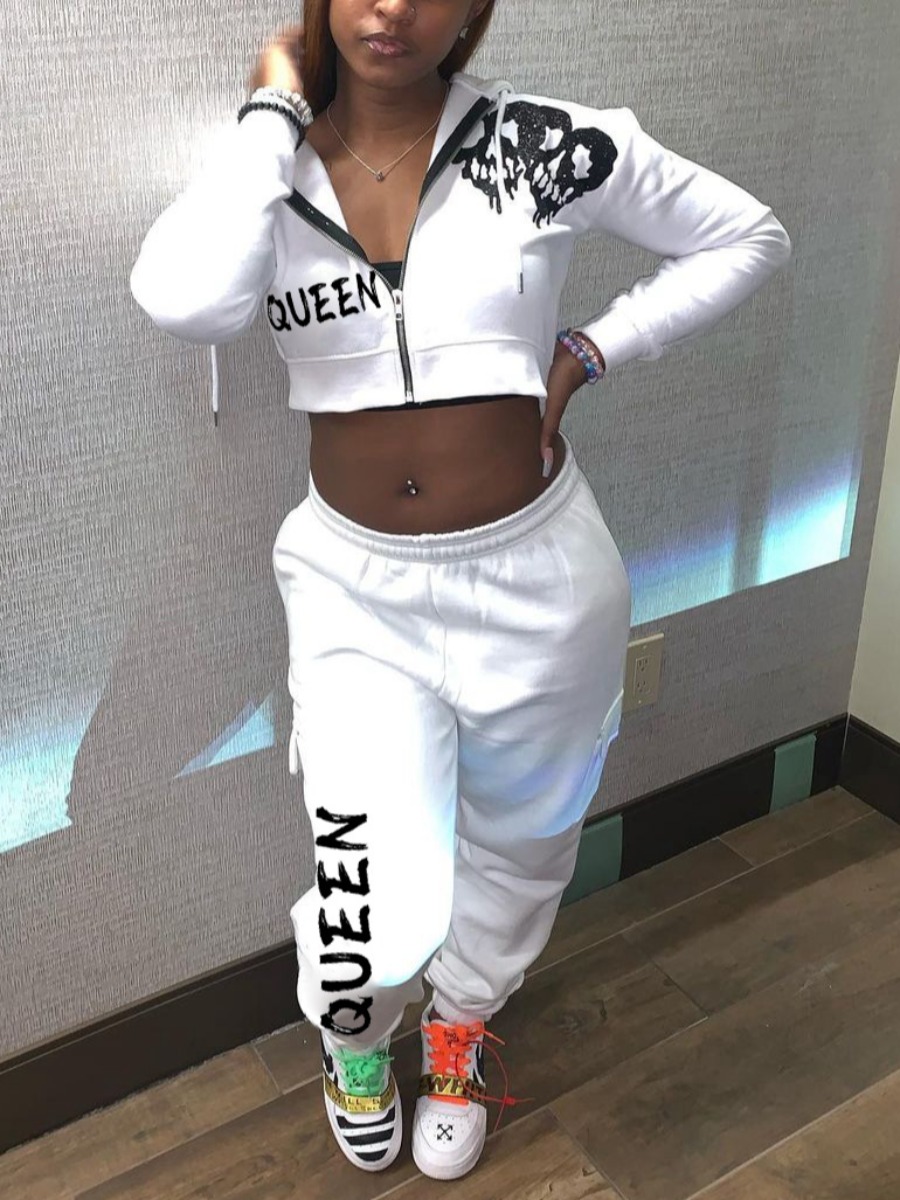 

LW Skull Letter Print Cropped Tracksuit Set, White