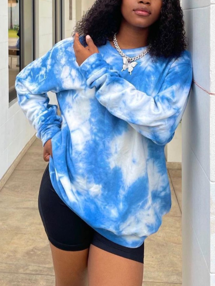 

LW Round Neck Tie-dye Oversized Sweatshirt, Blue