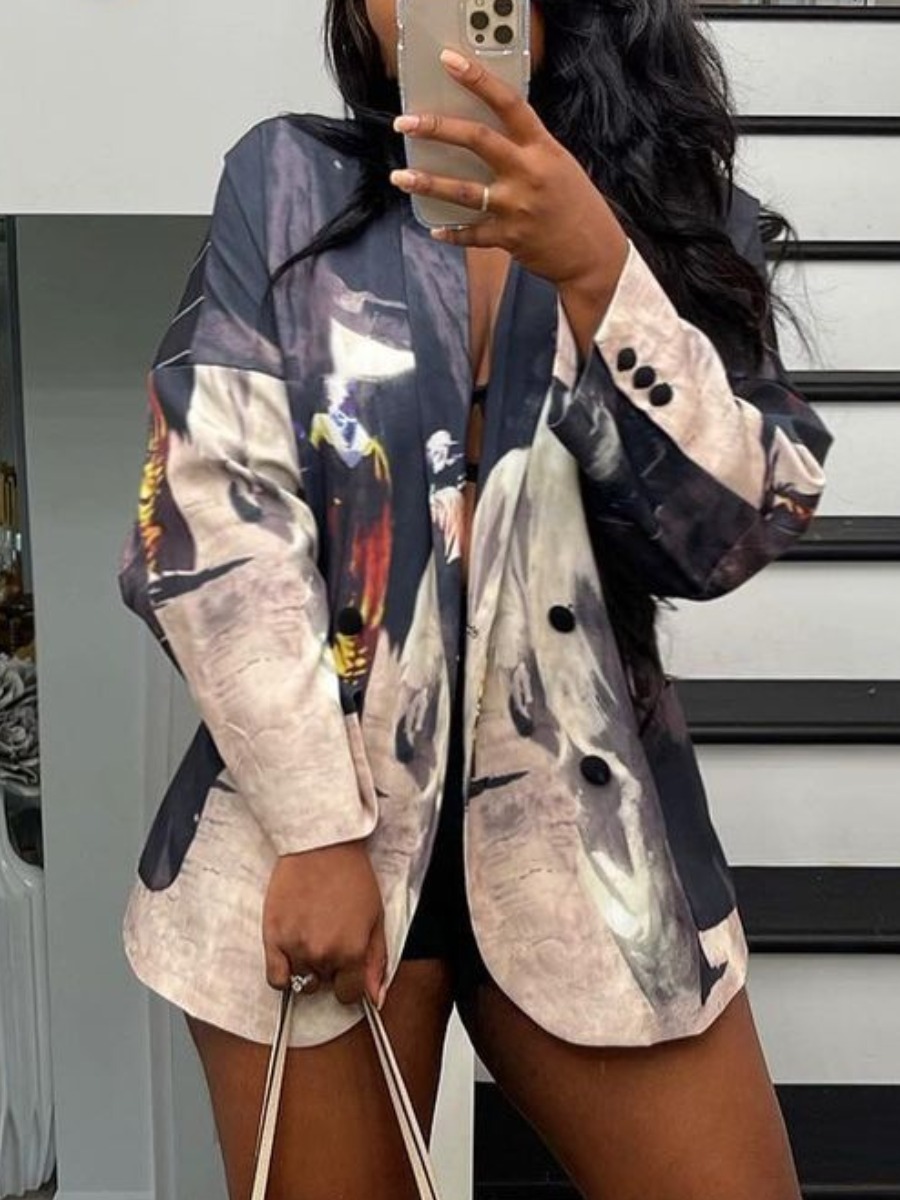 

LW Mixed Print Button Design Blazer, Black