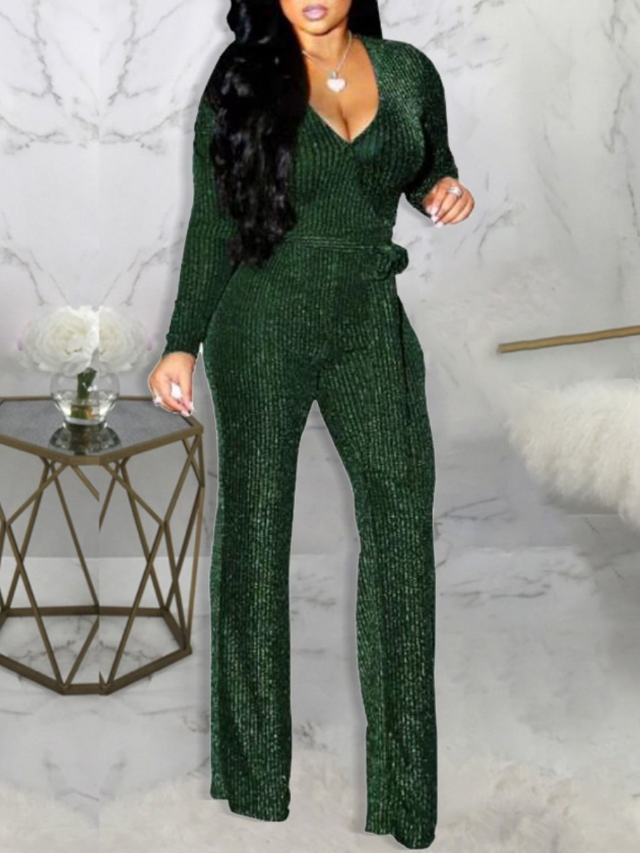 

LW V Neck Bandage Design Jumpsuit, Green