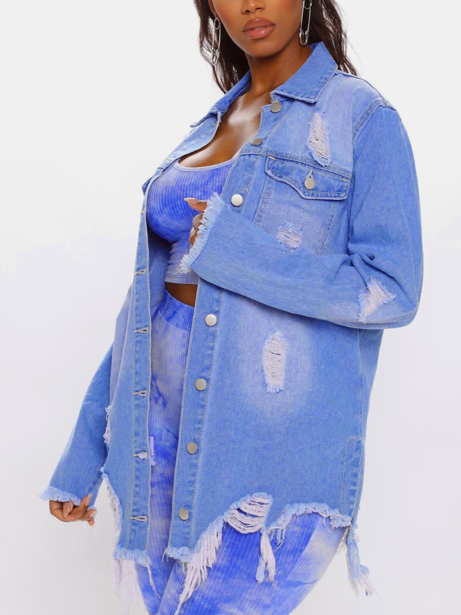 

LW BASICS Ripped Raw Edge Denim Jacket, Blue