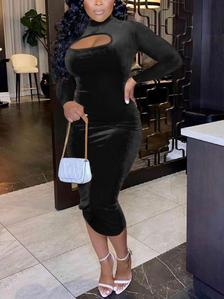 

LW SXY Velvet Round Neck Hollow-out Bodycon Dress, Black