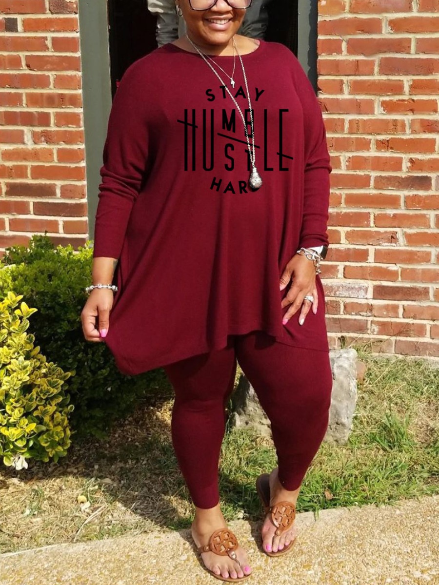 

LW Plus Size Round Neck Letter Print Pants Set, Wine red