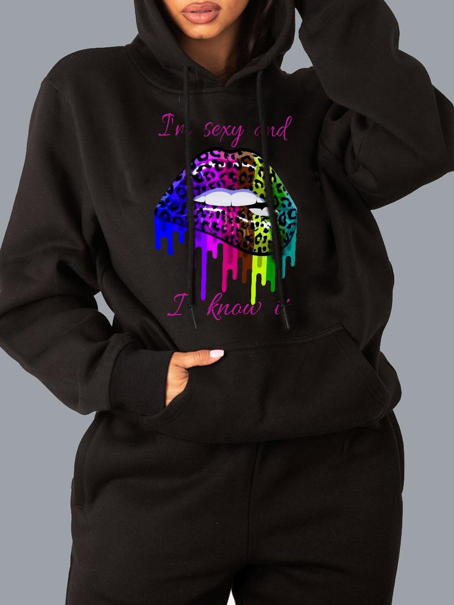 

LW Plus Size Lip Letter Print Hoodie, Black