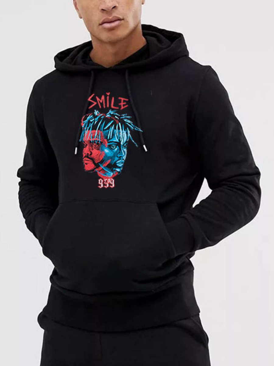 

LW Men Letter Print Kangaroo Pocket Hoodie, Black
