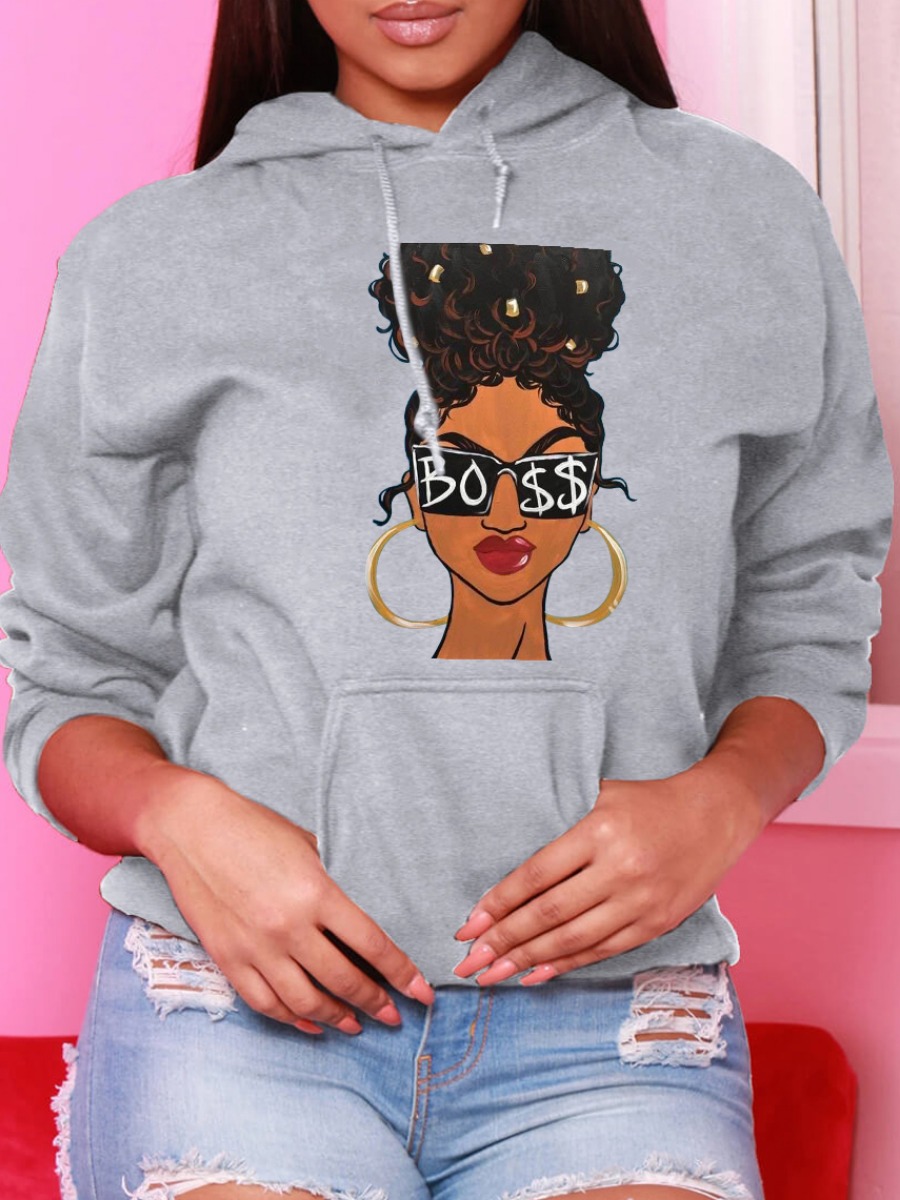 

LW Men Cartoon Print Kangaroo Pocket Hoodie, Grey