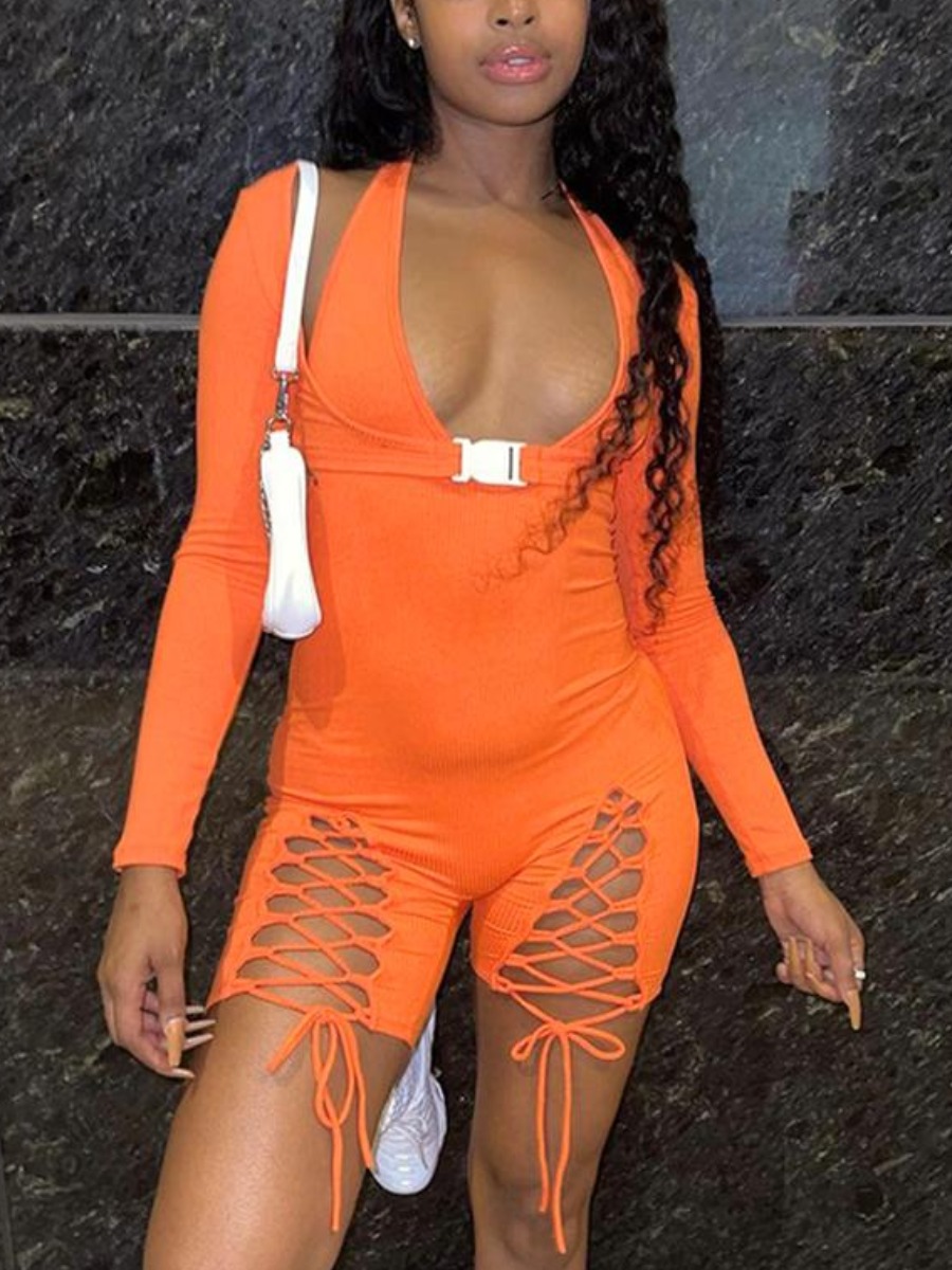 

LW Bandage Hollow-out Design Skinny Romper, Orange