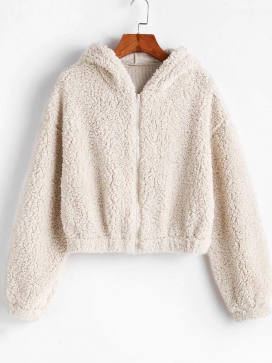 

LW BASICS Hooded Collar Zipper Design Teddy Coat, Apricot