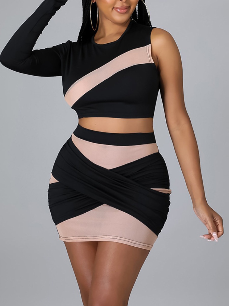 

LW SXY Criss Cross Striped Patchwork Skirt Set, Black