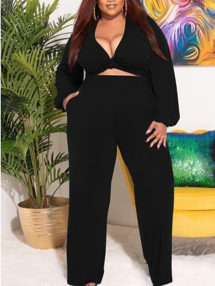 

LW Plus Size Knot Pocket Design Pants Set, Black