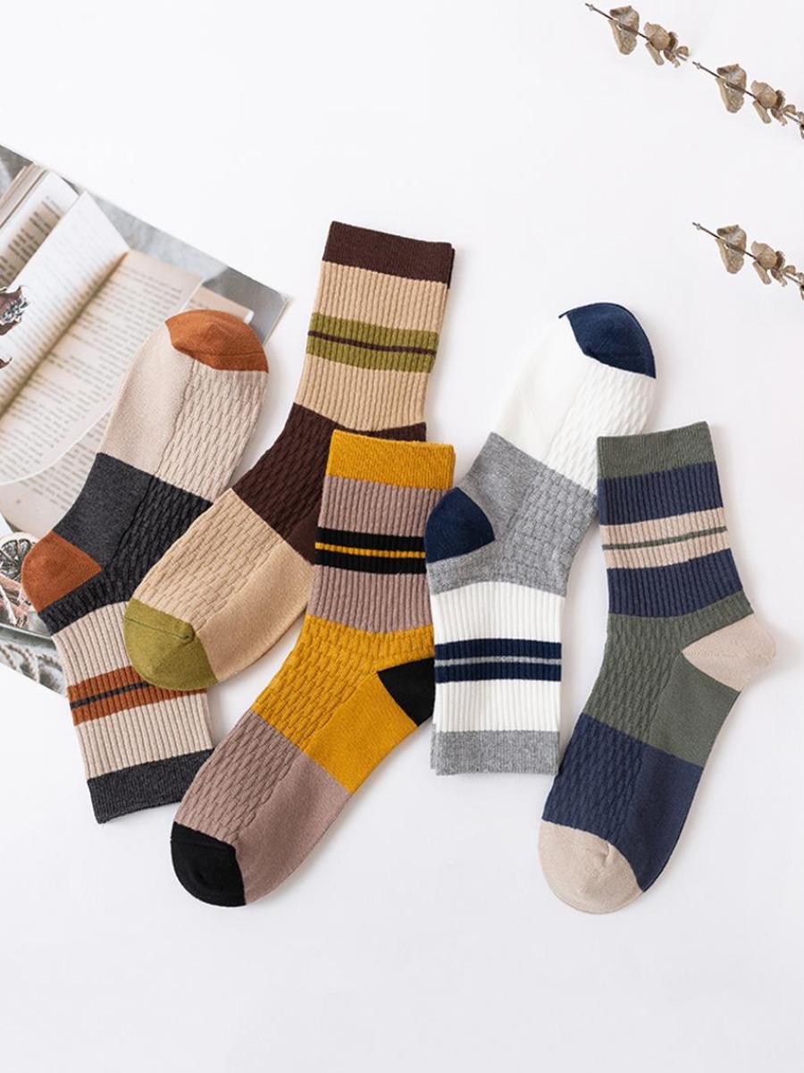 

LW COTTON 5-pair Men Striped Patckwork Socks, Multi
