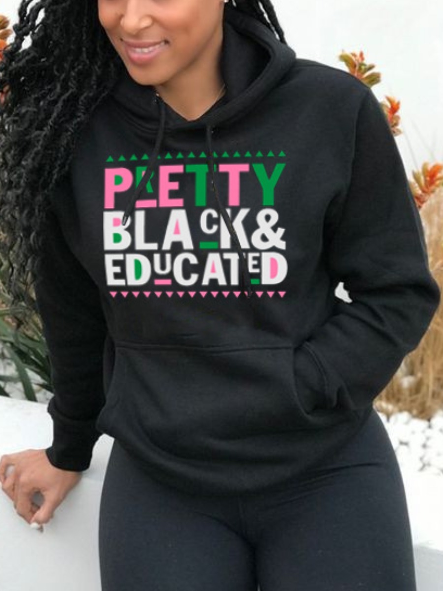

LW BASICS Letter Print Kangaroo Pocket Hoodie, Black