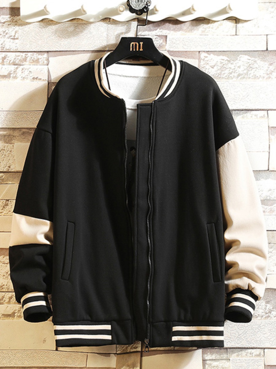 

LW BASICS Men Striped Patchwork Zipper Design Jacket, Black