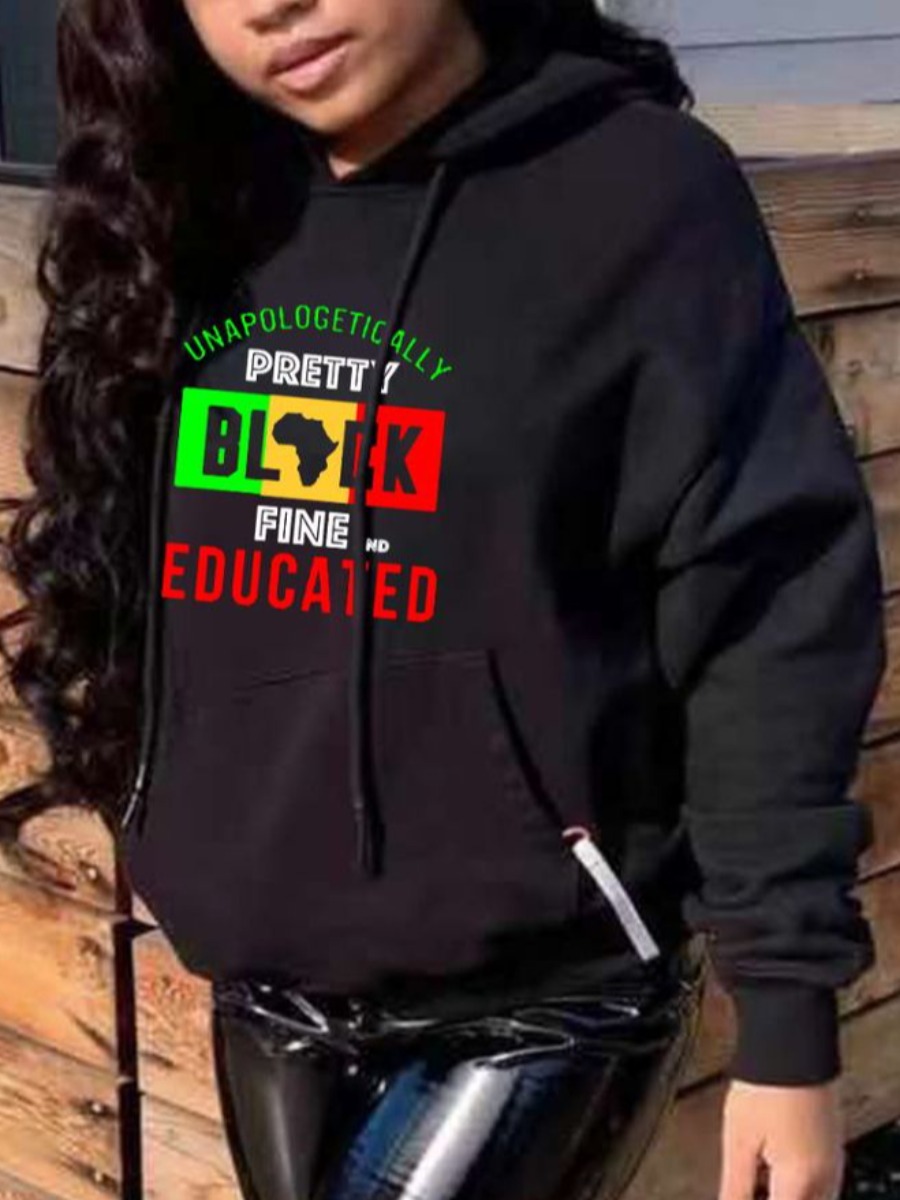 

LW BASICS Letter Print Kangaroo Pocket Hoodie, Black