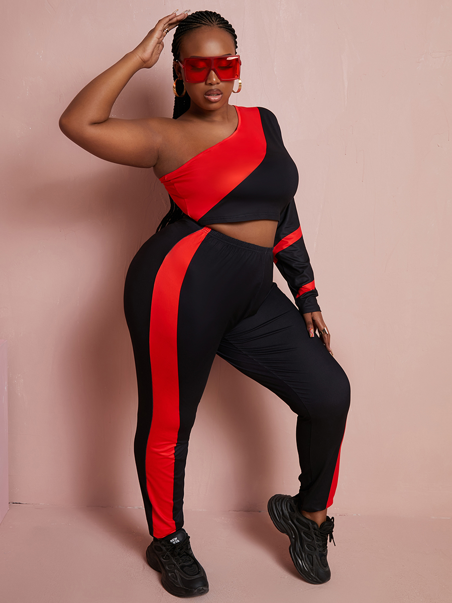 

LW SXY Plus Size One Shoulder Color-lump Pants Set, Multi