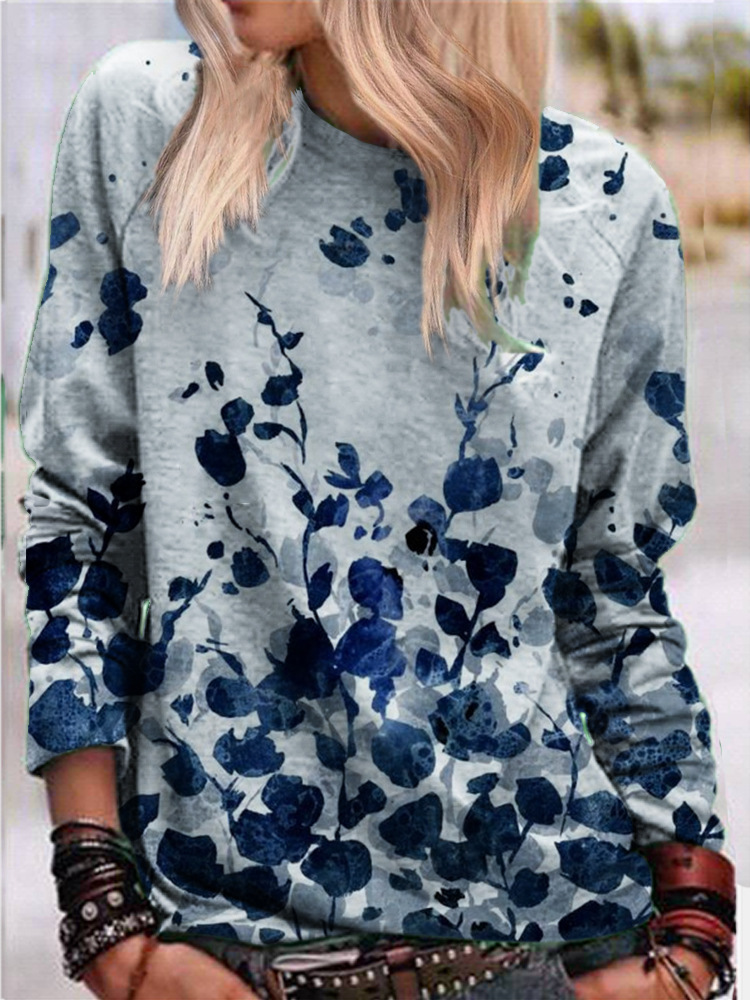 

LW Plus Size Round Neck Floral Print Hoodie, Deep blue