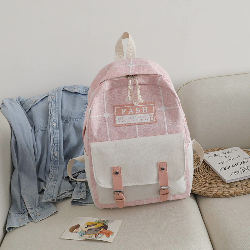 

LW Plaid Letter Print Buckle Backpack, Pink