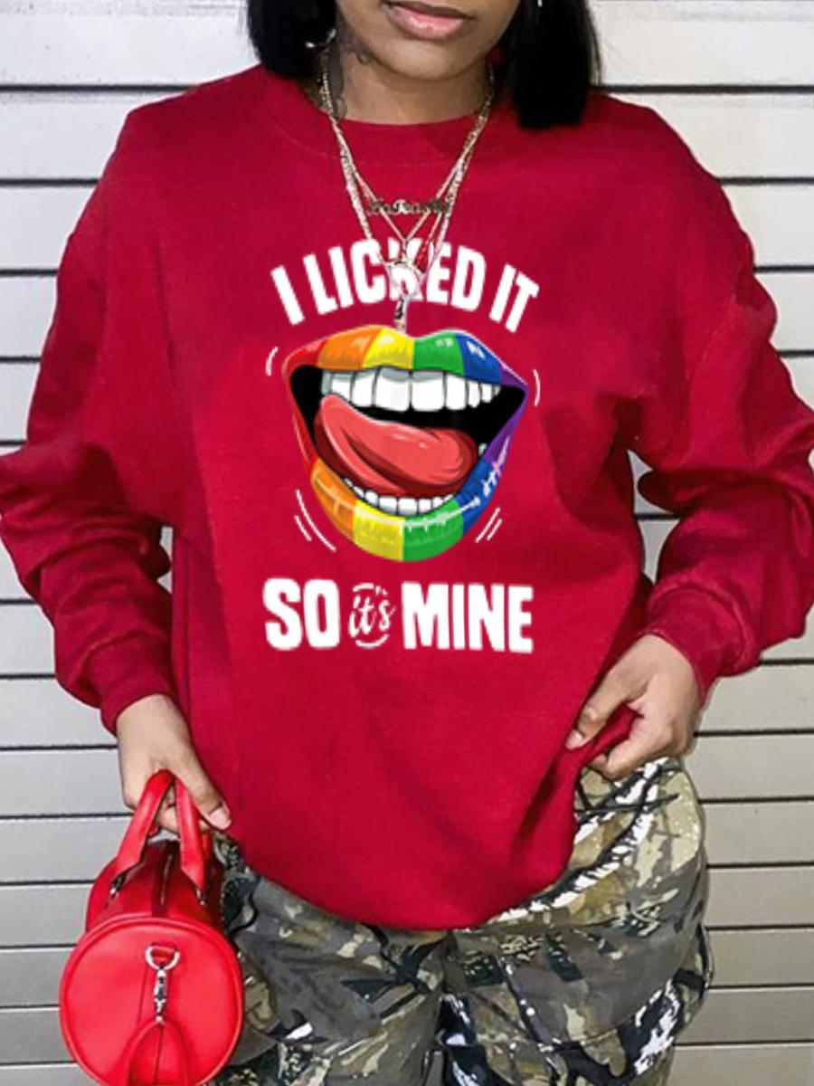 

LW Plus Size Lip Letter Print Sweatshirt, Red