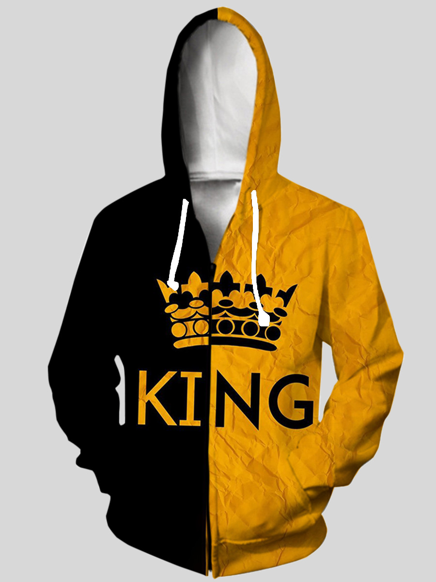 

LW Men king Letter Print Patchwork Hoodie, Yellow
