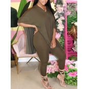 LW Casual V Neck Side Slit Army Green Two-piece Pa