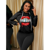 LW Hooded Collar Lip Print Hoodie